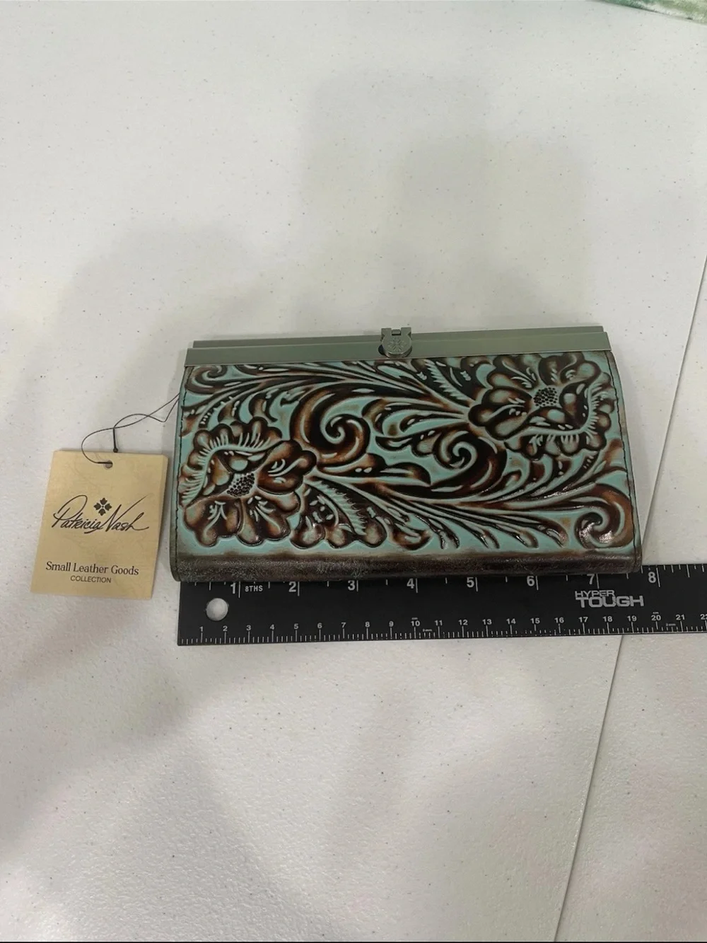 Patricia Nash Turquoise and Brown Tooled Leather Floral Clutch